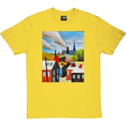 The Red Door In A Northern Scene By Hadrian Richards T-Shirt -ThinkWear Collective Sales hadrian red door tshirt yellowtshirt